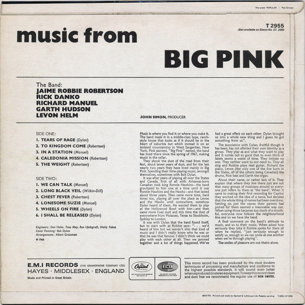 Image of Back Cover of LP - VG+/VG+ - THE BAND, Music From Big Pink (Capitol Records; T 2955, UK 1968, Laminated G&L Flipback Sleeve, Mono), Clean copy, Just a couple of spine pinches and ever so slightly off white rear sleeve, Sleeve feels crisp and robust, Clean and glossy disc. ,  - 3216085C