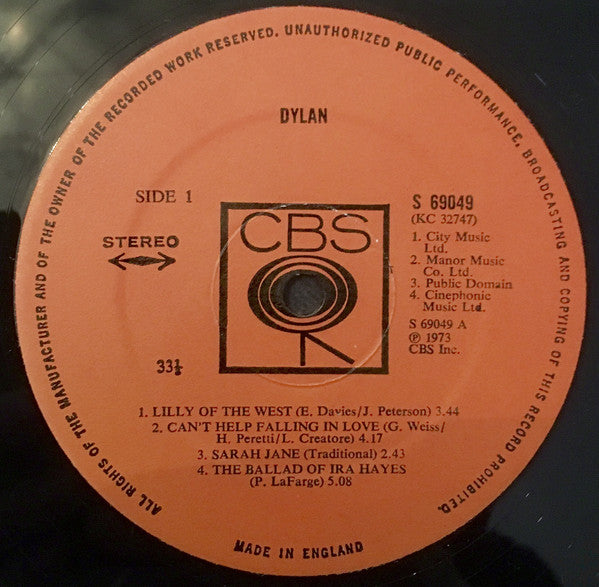 Image of Label Cover of LP - VG+/VG+ - BOB DYLAN, Dylan (CBS Orange (33 1/3 On Label); S 69049, UK 1973), ,  - 1526226E