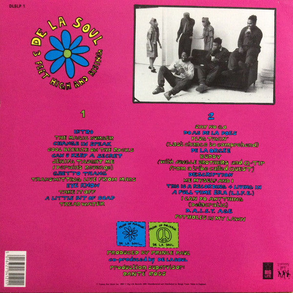 Image of Back Cover of LP - VG/G - DE LA SOUL, 3 Feet High and Rising (Tommy Boy; DLSLP 1, UK 1989, Inner, Damont Press.), Large mark on Description and Me Myself and I, causing clicking across the full track. Other marks on either side of disc cause surface noise throughout. Sleeve is creased with slight edge wear. Inner is stained from water damage.,  - 3746426S