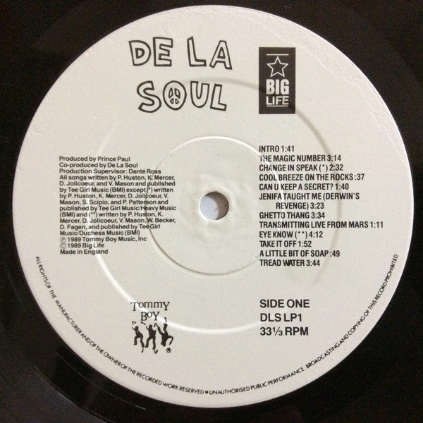 Image of Label Cover of LP - VG/G - DE LA SOUL, 3 Feet High and Rising (Tommy Boy; DLSLP 1, UK 1989, Inner, Damont Press.), Large mark on Description and Me Myself and I, causing clicking across the full track. Other marks on either side of disc cause surface noise throughout. Sleeve is creased with slight edge wear. Inner is stained from water damage.,  - 3746426S