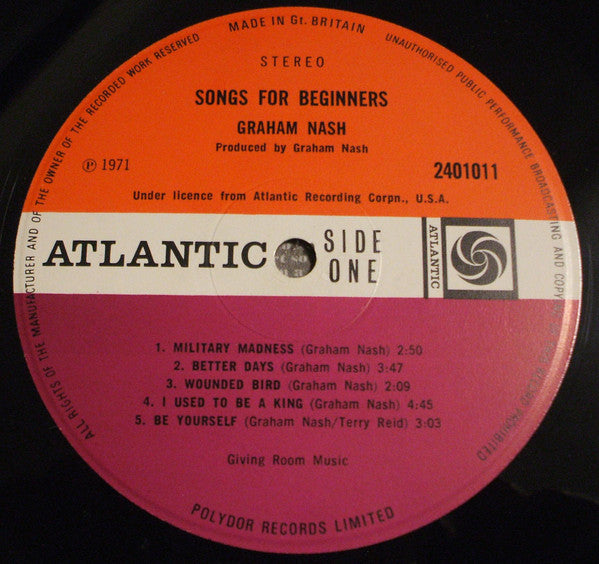 Image of Label Cover of LP - VG/VG - GRAHAM NASH, Songs for Beginners (Atlantic Plum & Orange; 2401011, UK 1971, Inner, UK issue - Stickered U.S. sleeve), A few light marks, Name on rear sleeve, With OIS,  - 3916347C