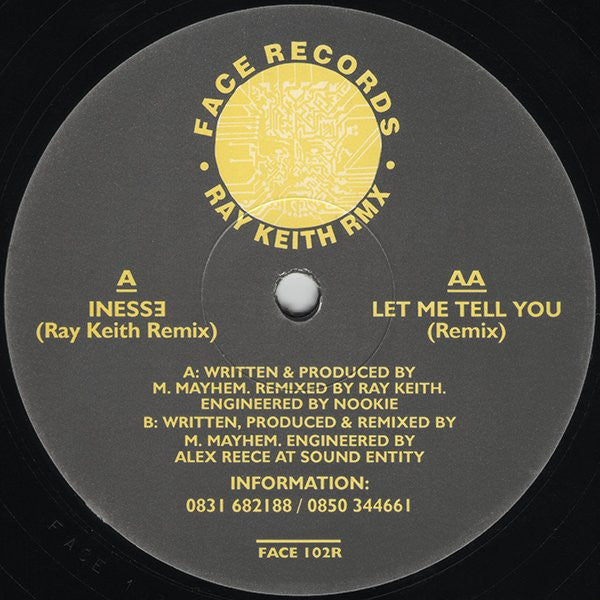 Image of Front Cover of 12" - VG/G - DJ MAYHEM, Inesse (Ray Keith Remix) / Let Me Tell You (Remix) (Face Records  ; FACE 102R, UK 1994, Plain Sleeve), Plain sleeve addressed to 'Nick' and signed by Ray Keith in marker pen. Lots of marks on record but plays better than it looks. Small marker pen on label,  - 2016340C