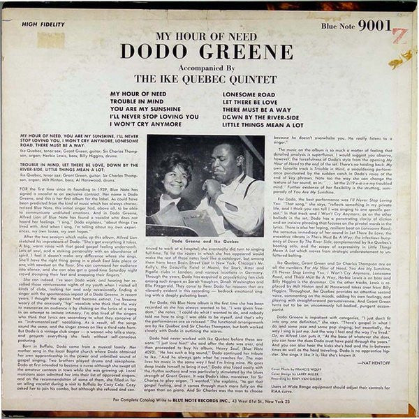 Image of Back Cover of LP - G/G - DODO GREENE W/ IKE QUEBEC QUINTET, My Hour Of Need (Blue Note (New York, USA); 9001, US 1962, Pasteback sleeve, Mono), Many marks on the record. Sleeve has a split bottom seam.,  - 4226225E