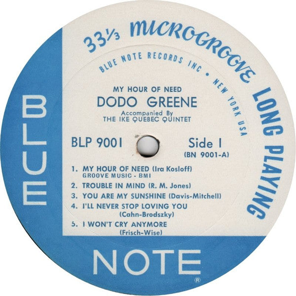Image of Label Cover of LP - G/G - DODO GREENE W/ IKE QUEBEC QUINTET, My Hour Of Need (Blue Note (New York, USA); 9001, US 1962, Pasteback sleeve, Mono), Many marks on the record. Sleeve has a split bottom seam.,  - 4226225E