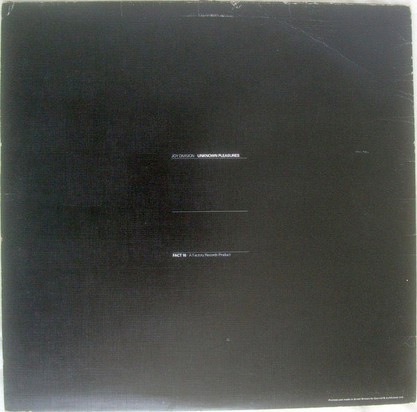 Image of Back Cover of 4444216S: LP - JOY DIVISION, Unknown Pleasures (Factory; FACT 10, UK 1979, Textured G&L Sleeve, Inner With Square Corners, Opaque Black Vinyl) Intact sleeve with a small split at spine, heavy edge and ring wear, and sticker tear at bottom corner. Disc is a strong G+ with no deep marks.   G+/G+