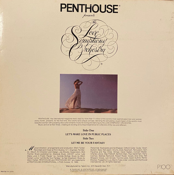 Image of Back Cover of LP - VG/VG - THE LOVE SYMPHONY ORCHESTRA, Penthouse Presents Pulsating Disco and Romantic moods for Loving and Dancing (Talpro; P100, US 1978, Triple Gatefold, "Penthouse Pet" inside gatefold.), ,  - 1726378E