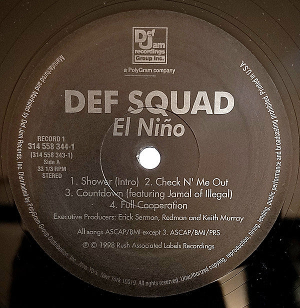 Image of Label Cover of 2xLP - VG/G - DEF SQUAD, El Nino (Def Jam; 314 558 343-1, US 1998, Picture Sleeve, Inners), Each disc, scuffed, scratched and marked. Both inners ripped and crinkled. Sleeve in pretty good nick with ringwear and creasing.,  - 3516020C