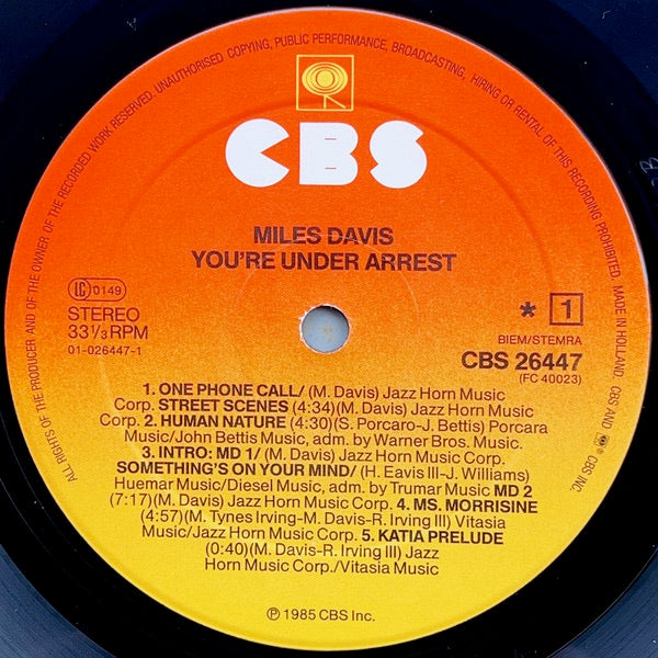 Image of Label Cover of LP - VG/VG - MILES DAVIS, You're Under Arrest (CBS Orange/Yellow; CBS 26447, Europe 1985, Gatefold, Inner, Stickered Sleeve), Hype Sticker, light marks, edge wear,  - 4146157S