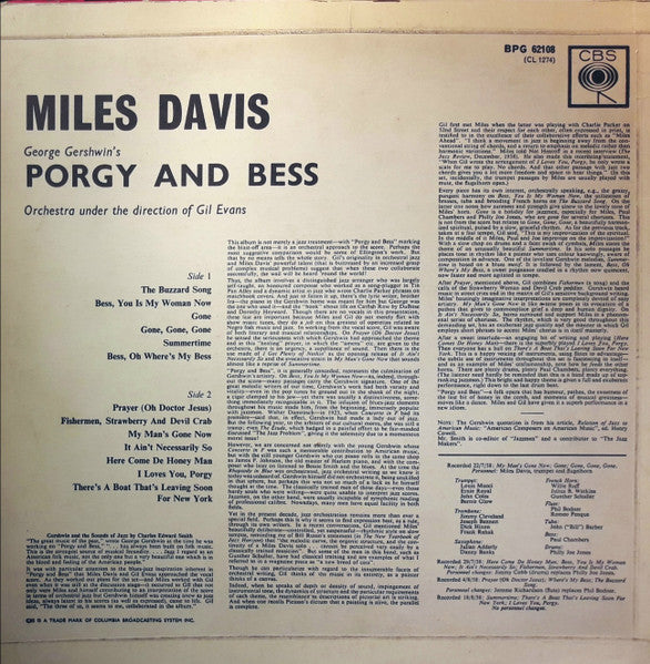 Image of Back Cover of LP - VG+/VG+ - MILES DAVIS, Porgy and Bess (CBS Orange (33 On Label); BPG 62108, CL 1274, UK 1960s Reissue, Laminated Flipback Sleeve, Mono), ,  - 2726074E