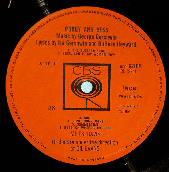 Image of Label Cover of LP - VG+/VG+ - MILES DAVIS, Porgy and Bess (CBS Orange (33 On Label); BPG 62108, CL 1274, UK 1960s Reissue, Laminated Flipback Sleeve, Mono), ,  - 2726074E
