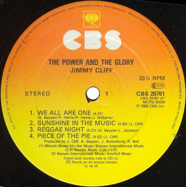 Image of Label of 3624263E: LP - JIMMY CLIFF, The Power And The Glory (CBS; CBS 25761, UK 1983, Picture sleeve) Light marks. Tears on front of sleeve. Rinwera. Promo stamp on back.  G+/VG+