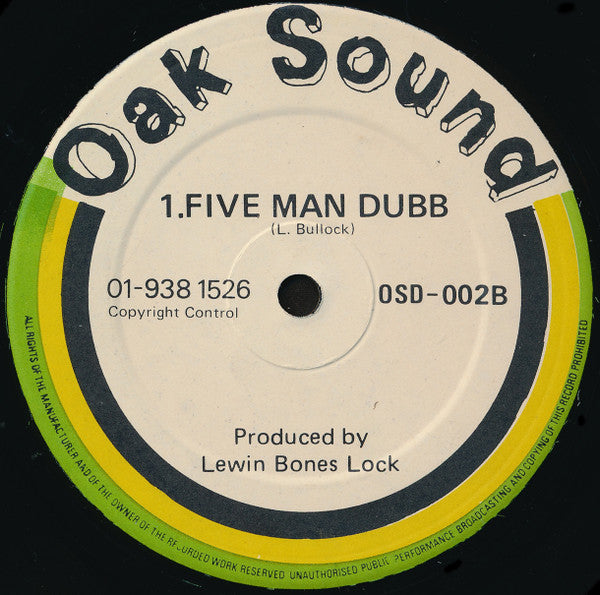 Image of Back Cover of 12" - /VG+ - DILLINGER, TRINITY, WAYNE WADE, AL CAMPBELL, JUNIOR TAMLIN, Five Man Army / Send Another Moses / Five Man Dubb (Oak Sound; OSD-002, UK 1982), Shiny clean disc and labels.,  - 3616354C