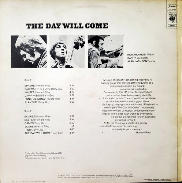 Image of Back Cover of 4514089C: LP - HOWARD RILEY, The Day Will Come (CBS Orange (33 1/3 On Label); 64077, UK 1970, Laminated Front Sleeve)   VG/VG