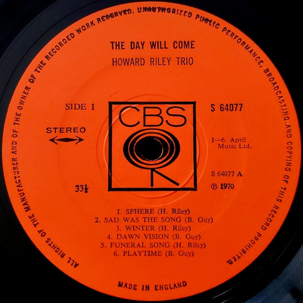 Image of Label Cover of 4514089C: LP - HOWARD RILEY, The Day Will Come (CBS Orange (33 1/3 On Label); 64077, UK 1970, Laminated Front Sleeve)   VG/VG