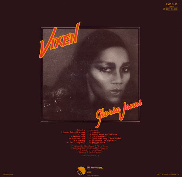 Image of Back Cover of 4224083E: LP - GLORIA JONES, Vixen (EMI; EMC3159, UK 1976, Produced by Marc Bolan)   VG/VG+