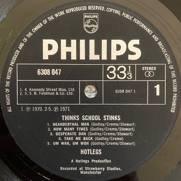 Image of Label Cover of LP - VG/VG - HOTLEGS (PRE 10CC), Thinks: School Stinks (Philips Black Labels; 6308047, UK 1971, Gatefold, Inner, Stereo), Hairline marks and one superifical scuff to side 2, Glossy disc, Light sleeve wear, With Inner,  - 3716374C