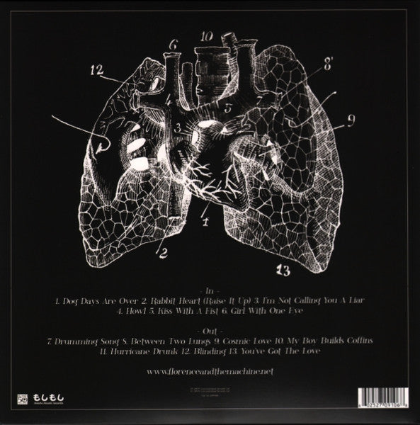 Image of Back Cover of LP - NEW/NEW - FLORENCE AND THE MACHINE, Lungs (Moshi Moshi; 2709106, UK 2009, Gatefold, Inner), , Florence Welch, better known alongside her band as Florence and The Machine, confidently announces her arrival on "Lungs". With several strong singles taking up a fair portion of this debut release, it's clear that Welch is as much a pop writer as she is a left-field artist, despite the early influence of punk and grunge on her life. Musically, these influences are tempered by an admirat