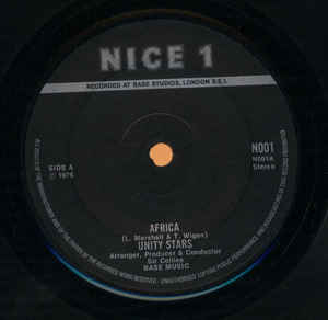 Image of Front Cover of 7" - /G+ - UNITY STARS / BIG DREAD & UNITY STARS, Africa / Africa Is Our Home (Nice 1; N001, UK 1976, Plain Sleeve, Sir Collins Roots), Marks on disc. Plays well with omly light background clicks.,  - 3756086S