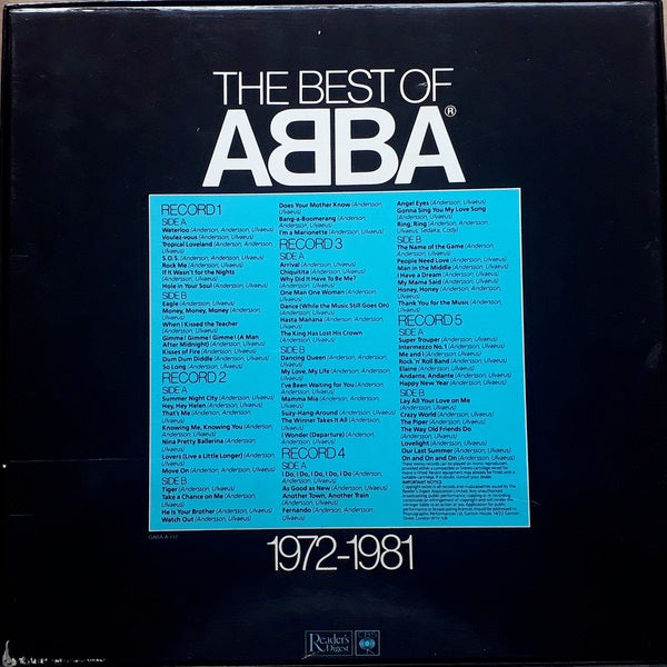 Image of Back Cover of 5xLP - G+/G+ - ABBA, The Best Of Abba (Readers Digest; GABAA112, UK 1982, Box Set, 5 Inners), Discs 1+2 are G+ with storage scuffs and some heavier marks.  3,4,5 are closer to VG with some clusters of hairlines. Box has sellotape repairs. ,  - 3126305E