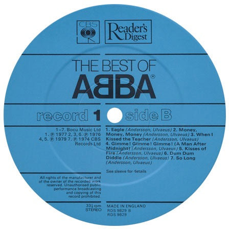 Image of Label Cover of 5xLP - G+/G+ - ABBA, The Best Of Abba (Readers Digest; GABAA112, UK 1982, Box Set, 5 Inners), Discs 1+2 are G+ with storage scuffs and some heavier marks.  3,4,5 are closer to VG with some clusters of hairlines. Box has sellotape repairs. ,  - 3126305E