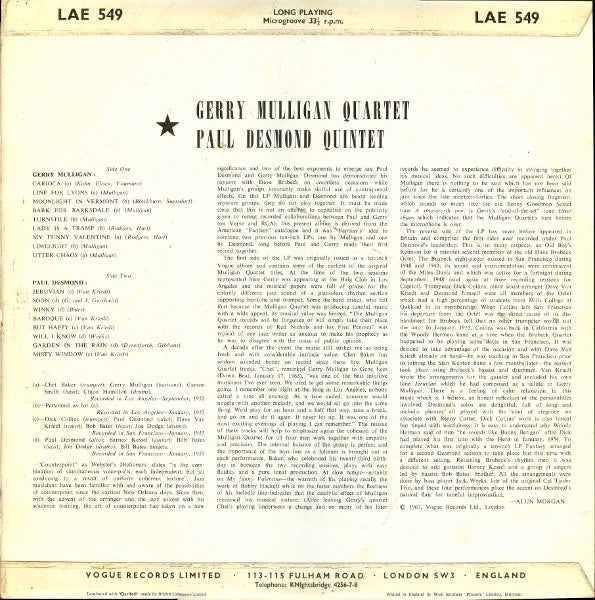 Image of Back Cover of 3513469C: LP - GERRY MULLIGAN QUARTET / PAUL DESMOND, Gerry Mulligan / Paul Desmond (Vocalion; LAE 549, UK 1963 Reissue, Mono) Sleeve has a large patch of sticker damage on reverse which has drawing in biro on it. Biro writing elsewhere on sleeve and on label  G+/VG