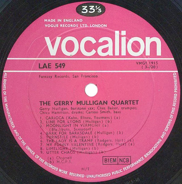 Image of Label Cover of 3513469C: LP - GERRY MULLIGAN QUARTET / PAUL DESMOND, Gerry Mulligan / Paul Desmond (Vocalion; LAE 549, UK 1963 Reissue, Mono) Sleeve has a large patch of sticker damage on reverse which has drawing in biro on it. Biro writing elsewhere on sleeve and on label  G+/VG