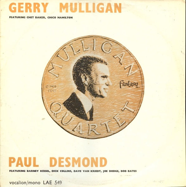 Image of Front Cover of 3513469C: LP - GERRY MULLIGAN QUARTET / PAUL DESMOND, Gerry Mulligan / Paul Desmond (Vocalion; LAE 549, UK 1963 Reissue, Mono) Sleeve has a large patch of sticker damage on reverse which has drawing in biro on it. Biro writing elsewhere on sleeve and on label  G+/VG