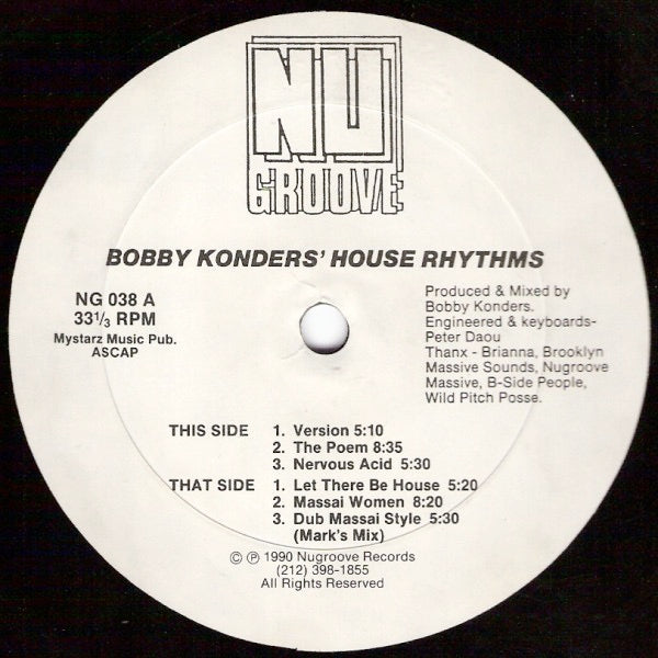 Image of Front Cover of 12" - /VG+ - BOBBY KONDERS, House Rhythms (Nu Groove; NG 038, US 1990, Plain Sleeve), ,  - 2646245S