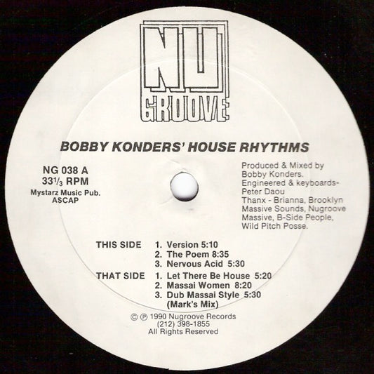 Image of Front Cover of 12" - /VG+ - BOBBY KONDERS, House Rhythms (Nu Groove; NG 038, US 1990, Plain Sleeve), ,  - 2646245S