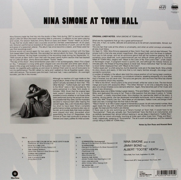 Image of Back Cover of LP - NEW/NEW - NINA SIMONE, Nina Simone At Town Hall (Wax Time; 771696, Europe 2011 Reissue, 180 Gram Vinyl), ,  - 1356298S