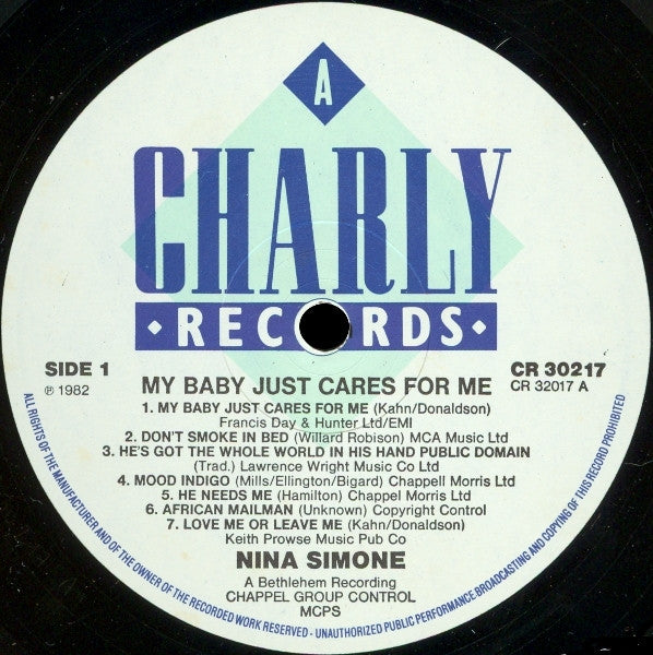 Image of Label Cover of LP - VG+/VG - NINA SIMONE, My Baby Just Cares For Me (Charly Light Blue; CR 30217, UK 1982), Some light marks/scuffs to disc.,  - 2416189C