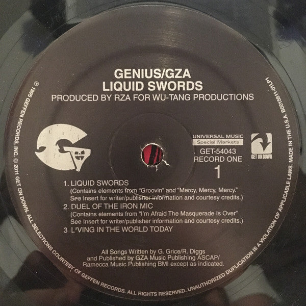 Image of Label Cover of 5244157S: 2xLP - GENIUS / GZA, Liquid Swords (Universal Music Special Markets; B0015811-01, Get On Down    GET-54043, US 2011 Reissue) Cover in shrink but has big creases on top corners.   VG/VG+