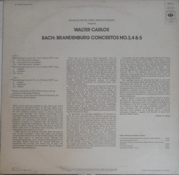 Image of Back Cover of 1424084E: LP - WALTER CARLOS, Bach: Brandenburg Concertos No. 3, 4 & 5 (CBS; 73395, UK 1975)   VG+/VG+