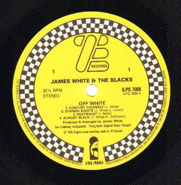 Image of Back Cover of 4124151E: LP - JAMES WHITE AND THE BLACKS, Off White (Ze; ILPS 7008, UK 1979) Light marks on the vinyl. Sleeve has ringwear, creasing. Some discolouration to cover.  VG/VG