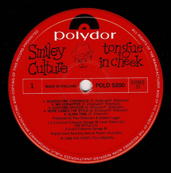 Image of Label of 3624264E: LP - SMILEY CULTURE, Tongue In Cheek (Polydor; POLD 5200, UK 1986, Picture sleeve, Insert) Light marks. Wear to sleeve with tears down edge. promo stamp on back.  G+/VG