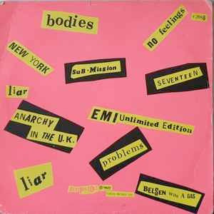 Image of Back Cover of LP - G/VG - SEX PISTOLS, Never Mind the Bollocks (Virgin Red/Green; V 2086, UK 1978 Reissue, 7th Press. "Belsen..." & "Liar"(Twice) Listed On Rear), Sticker And Water Damage To Sleeve, Split Spine, Writing On Front And Rear,  - 3426069E