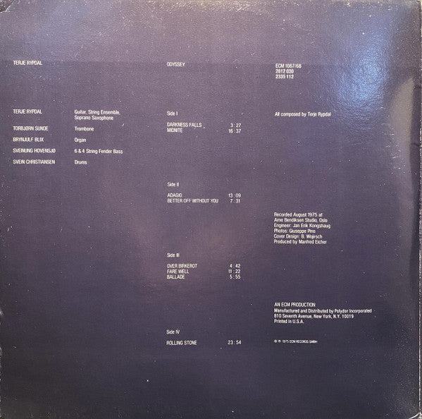 Image of Back Cover of 2xLP - VG/VG+ - TERJE RYPDAL, Odyssey (ECM; 1067/68, US 1975, Gatefold), Stickered Sleeve, Small Writing Inside Gatefold,  - 3946145S