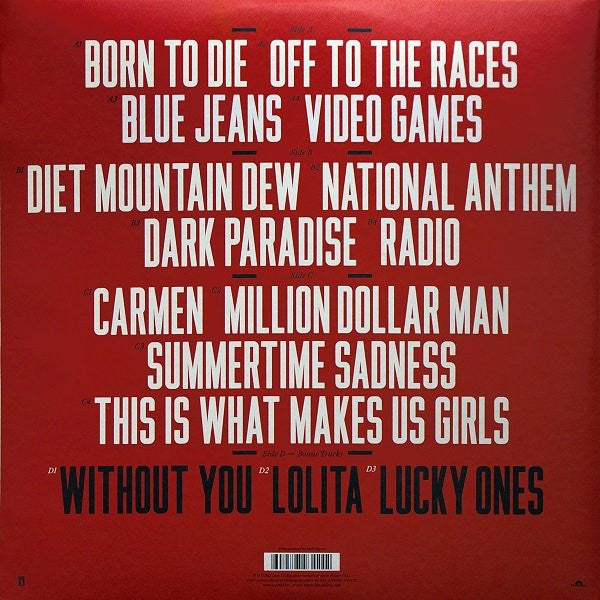 Image of Back Cover of 2xLP - NEW/NEW - LANA DEL REY, Born To Die (Polydor; 2793424, UK 2015 Reissue, Gatefold, Insert), , On her stirring debut album, New York singer-songwriter Lizzy Grant transforms into the more bombastically-named Lana Del Rey and absolutely wallows in it. The songs are husky and sensual in a way that hits the sweet spot Cat Power has abdicated since The Greatest. Born To Die the album is a collection of tracks about which Lana says "the songs I've written are an homage to true love an