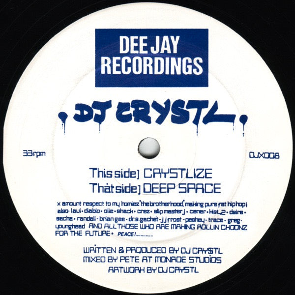 Image of Front Cover of 12" - /VG - DJ CRYSTL, Crystlize / Deep Space (Dee Jay Recordings; DJX008, UK 1993, Plain Sleeve), A few light marks and scuffs,  - 3226159E