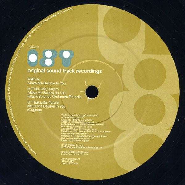 Image of Front Cover of 12" - VG+/VG+ - PATTI JO, Make Me Believe In You (Original Sound Track ; OST 003T, UK 1999, Company Sleeve), ,  - 3246161S