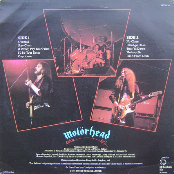 Image of Back Cover of LP - VG/VG - MOTORHEAD, Overkill (Bronze; BRON 515, UK 1979), Couple of long but light scratches on side2, edge & ring wear,  - 4446022S