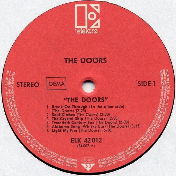 Image of Label Cover of LP - VG/VG - THE DOORS, The Doors (Elektra Red; 42012, Germany 1980s Reissue, GEMA Box), ,  - 2616050C