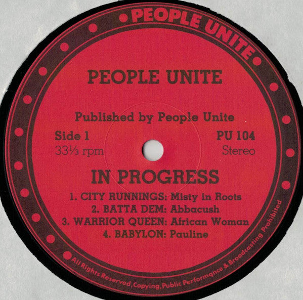 Image of Label Cover of LP - VG/G+ - VARIOUS ARTISTS, In Progress (People Unite; PU 104, UK 1984), Lots of light marks, plays strong VG. Storage wear on sleeve, still looks great.,  - 3026208E