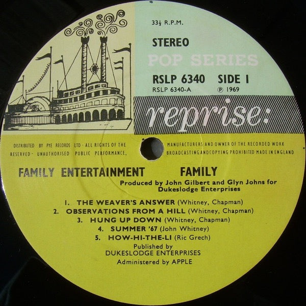 Image of Label Cover of LP - VG/G+ - FAMILY, Family Entertainment (Reprise Records Tri Colour Steamboat Labels; 6340, UK 1969, Laminated Flipback Sleeve, No Poster, Stereo), Light marks only, Laminate creasing to sleeve, Nick to rear flipback,  - 4016381C