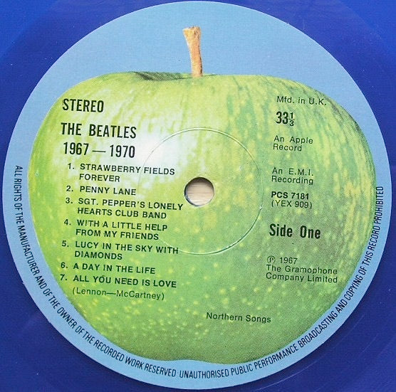 Image of Label Cover of 5023343E: 2xLP - THE BEATLES, 1967-1970 (Apple; PCSPB 718, UK 1978 Reissue, Laminated Gatefold Sleeve, 2 Inners, Blue Vinyl) Split Spine  VG/VG+