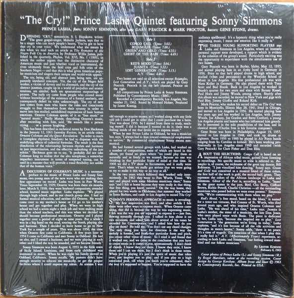 Image of Back Cover of 4644119S: LP - PRINCE LASHA QUINTET FEATURING SONNY SIMMONS, The Cry! (Contemporary; S7610, US 2001) Still in stickered shrinkwrap.   VG+/VG+