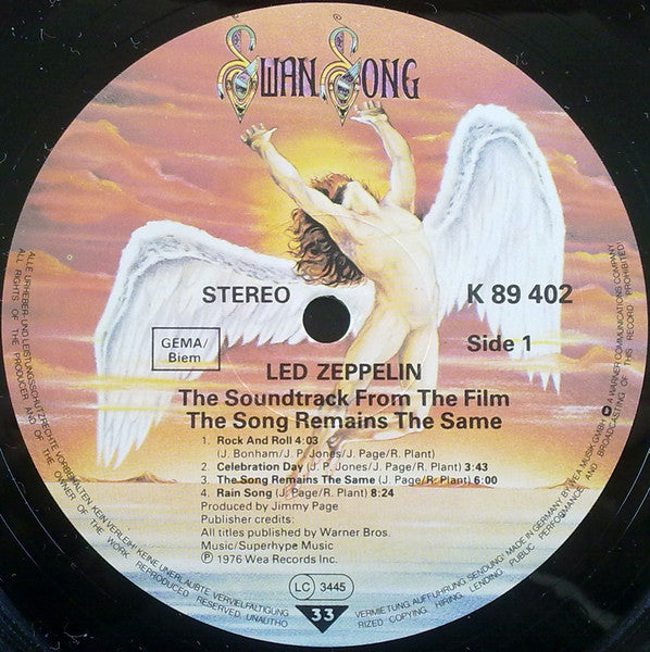 Image of Label Cover of 2xLP - VG/VG+ - LED ZEPPELIN, The Soundtrack From The Film The Song Remains The Same (Swan Song; SS 89 402, Europe Reissue, Barcoded Gatefold Sleeve, Stapled In Booklet, STRAWBERRY (G) Runouts), ,  - 3916247C