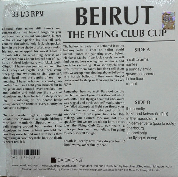 Image of Back Cover of LP - EX/VG+ - BEIRUT, The Flying Club Cup (4AD; BING-055, US 2007), ,  - 4026043E