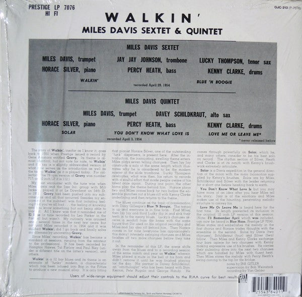 Image of Back Cover of LP - VG+/EX - MILES DAVIS, Walkin' (Prestige (OJC); OJC213, US 2009 Reissue), ,  - 3626400E