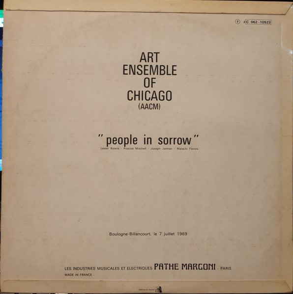 Image of Back Cover of LP - VG/G+ - ART ENSEMBLE OF CHICAGO, People In Sorrow (EMI Pathe; C06210523, France 1969, Stereo), Marks on either side of disc causing static throughout. Plays without skipping or pops. Sleeve is stained slightly. Former shop sticker on front as well,  - 3546189S